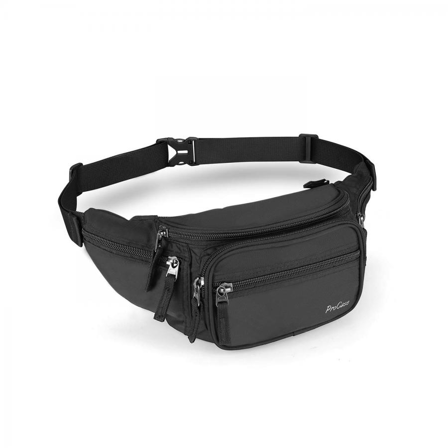 ProCase Marsupio Uomo con 6 Tasche, Marsupio Sportivo Fanny Pack Bag Marsupi alla Moda in Nylon con Cinturino Regolabile e Fibbia a Sgancio Rapido per Corsa Ciclismo Escursione Campeggio -Nero