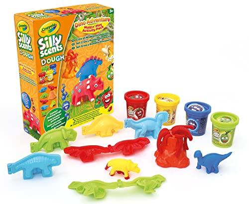 Crayola - Silly Scents Dough, Pasta da Modellare Profumata, Set Crea & Modella Dinosauri con 4 Barattolini e Stampini, Colori Assortiti, A1-2204
