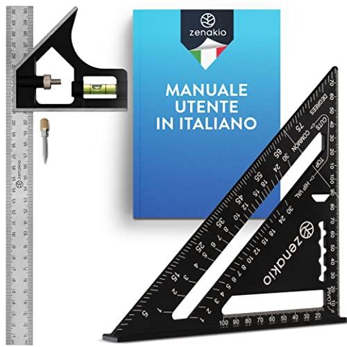 Squadra da Falegname (Kit da 2) - Set Completo Squadre Falegnameria 12-EN-1  - Squadra Metallo 185mm + Squadra Combinata Per Legno 300mm - Falegnameria  utensili - Con Truschino Falegname