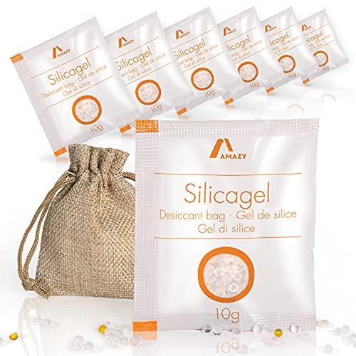 AMAZY Bustine silice riutilizzabili (10 x 10g) – Silice Gel essiccante,  Protegge da umidità e dalla Muffa, incl. Sacca Juta e Sfere Segnalazione  carico Acqua (Rigenerabile)