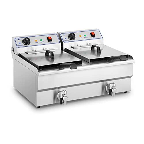 Royal Catering RCSF-16DTH Friggitrice Professionale Friggitrice Elettrica Doppia (2 x 16 L, 2 x 6.000W, 380V, 200°C, Rubinetto di Scarico, Acciaio Inox)