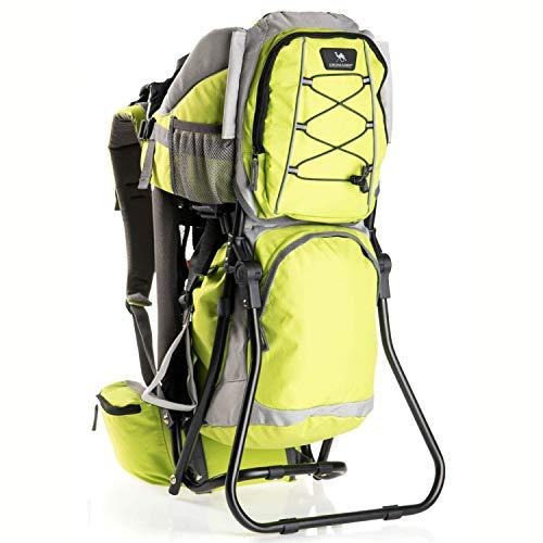 DROMADER Zaino-porta-bambini Hippo | Peso massimo del bambino 22 kg | Sedile confortevole e regolabile | Sistema portante 3D Opti–fit | Tasche pratiche | Tettino parasole | verde lime e grigio