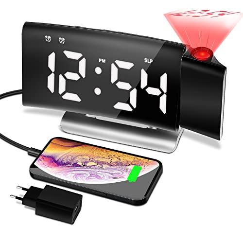 Sveglia da Comodino con Proiettore Ruotabile di 180 Gradi Sveglia Digitale  Luminosità Regolabile Sveglia con Proiettore 12/24H Display LED Doppia  Sveglia Snooze FM Radio