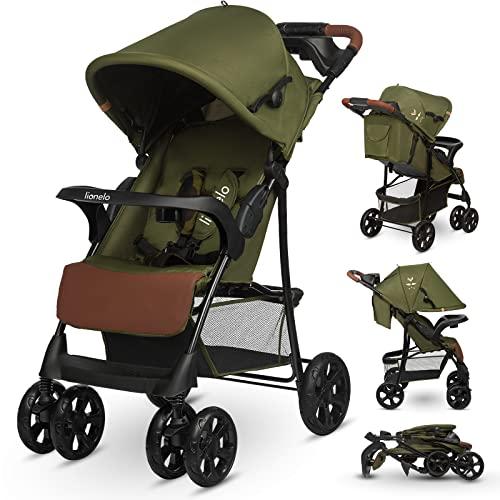 LIONELO Emma Plus passeggino leggero pieghevole da 6 mesi fino 15 kg con posizione sdraiata cinture a 5 punti ammortizzatori con vassoio portabibite borsa per genitori, forest green