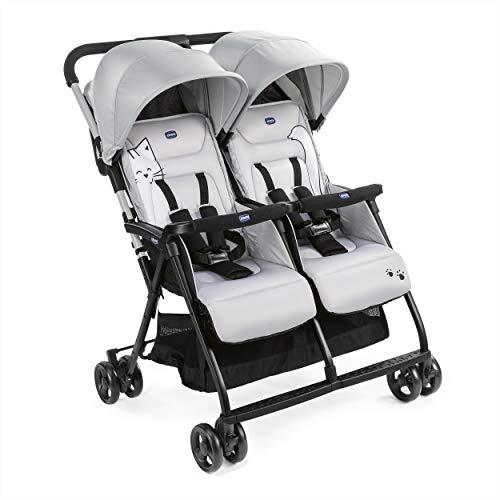 Chicco OHlalà Twin Passeggino Gemellare Doppio da 0 Mesi a 15 kg, Passeggino Leggero Reclinabile e Pieghevole, Poggiagambe Regolabili, Parapioggia e Capottina Estendibile Silver Cat, Grigio