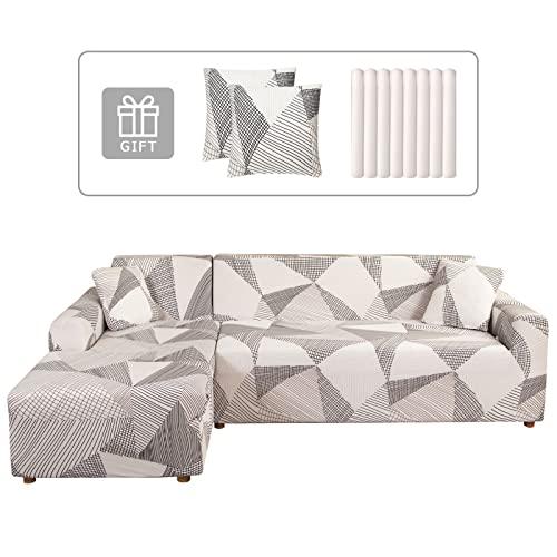 Lydevo Copridivano con Penisola Elasticizzato,Copridivano Angolare a Sinistra/Destra Universale con 2 Federi,Fodere Divano Penisola Forma di L,Chaise Longue Sofa Cover(2 Posti+3 Posti,Linea Bianca)