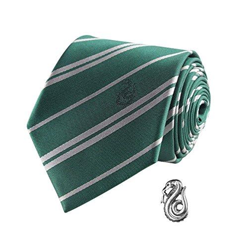 Cinereplicas - Harry Potter - Cravatta con Spilla - Edizione Deluxe - Licenza Ufficiale - Casa Serpeverde - Taglia Unica – 100 % Microfibra – Fornita con 1 Scatola Regalo - Verde e Grigio