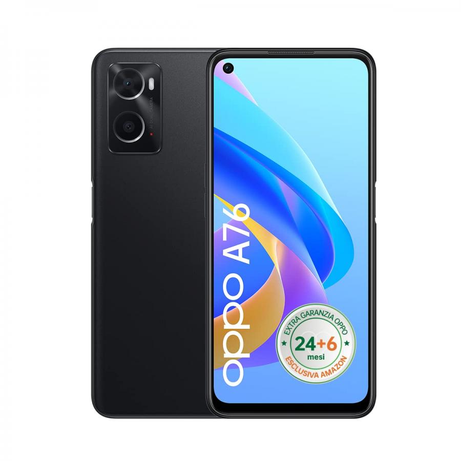 OPPO A76 Smartphone AI Doppia Fotocamera 13+2MP, Display 6.56” Refresh rate 90HZ LCD-HD+, 5000mAh, RAM 4GB + ROM 128GB espandibile fino 1TB), [Extra Garanzia 24+6 Mesi], Glowing Black