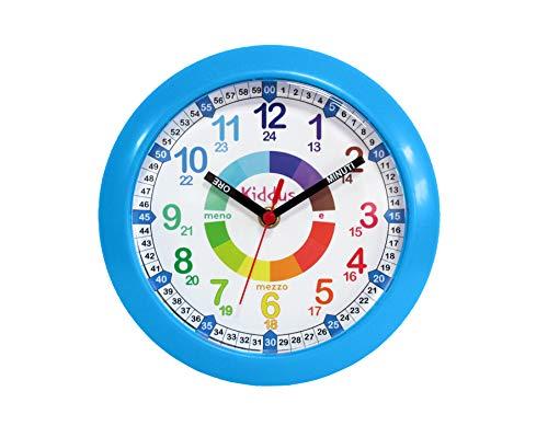 KIDDUS Orologio da Parete Didattico per Bambini, Ragazzi. Analogico. Con  Esercizi per Imparare a Leggere l'Ora. Movimento al Quarzo Silenzioso.  ITALIANO BLU