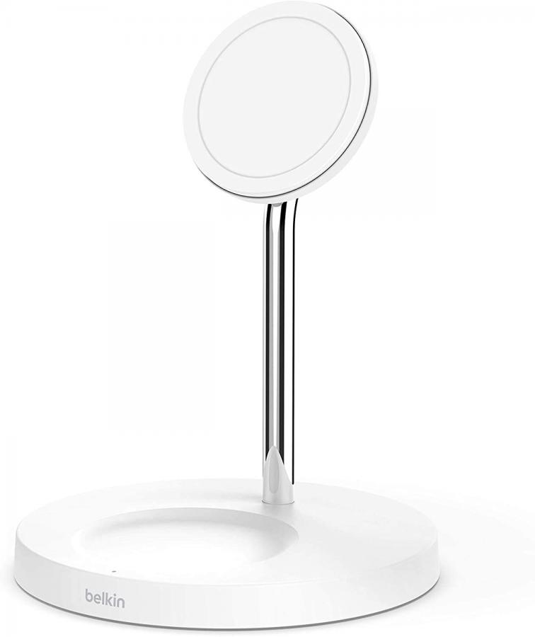 Belkin Caricabatteria Wireless 2 in 1 con MagSafe, Ricarica Rapida da 15 W per iPhone 12, AirPods e altri Dispositivi con MagSafe, Alimentatore Incluso, Bianco