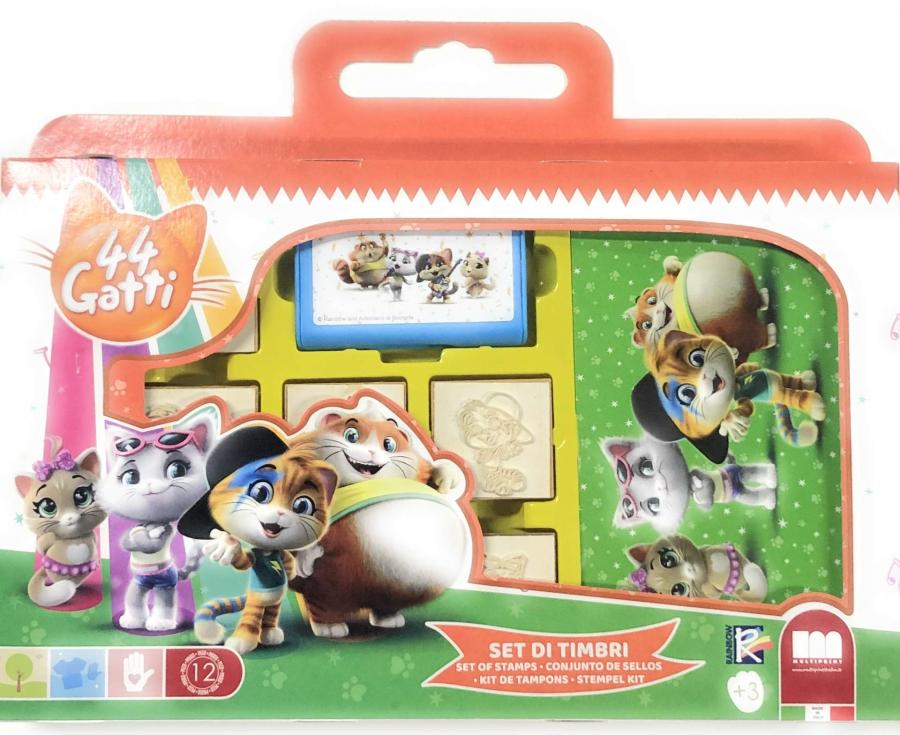 Multiprint Valigetta 7 Timbri per Bambini 44 Gatti, 100% Made in Italy, Set Timbrini Bimbi Personalizzati, in Legno e Gomma Naturale, Inchiostro Lavabile Atossico, Idea Regalo, Art.07986