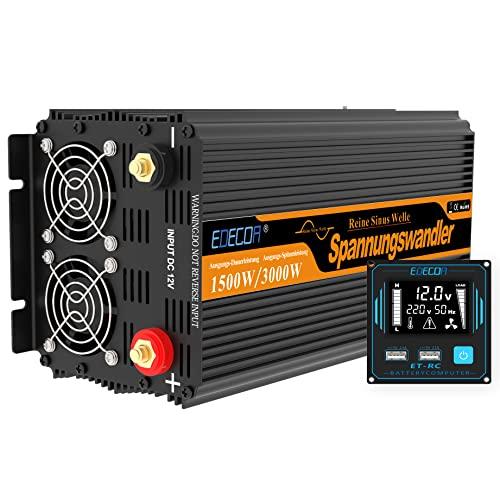 EDECOA Inverter Onda Pura 1500w Invertitore di Potenza 12v 220v/ 230  Trasformatore di Tensione Onda Pura 2X USB Telecomando LCD Power Inverter  1500w e Picco momentaneo 3000w (Nuovo Telecomando)