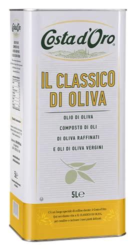 Costa d'Oro – Classico di Oliva 5L. Olio di oliva adatto a crudo per pesti e salse tipo maionese e per marinature, soffritti, cotture prolungate e fritture. Latta da 5 litri.
