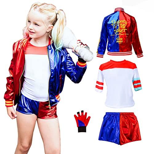 Kitimi Harley Quinn Costume Bambina Adulti Costume Bambino Donna Ragazze  Harley Suicide Costume Outfit Kit Cappotto, Maglietta, Pantaloncini e  Guanto per Carnevale Hallooween Cosplay Party