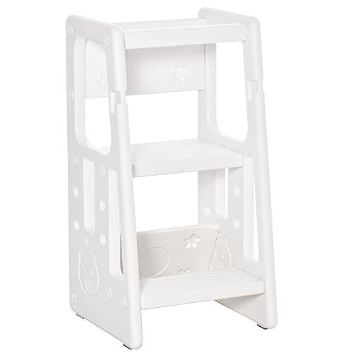 homcom Scaletta per Bambini Torre Montessoriana Altezza Regolabile 3 Livelli, HDPE Inodore, 47x47x90cm, Bianco