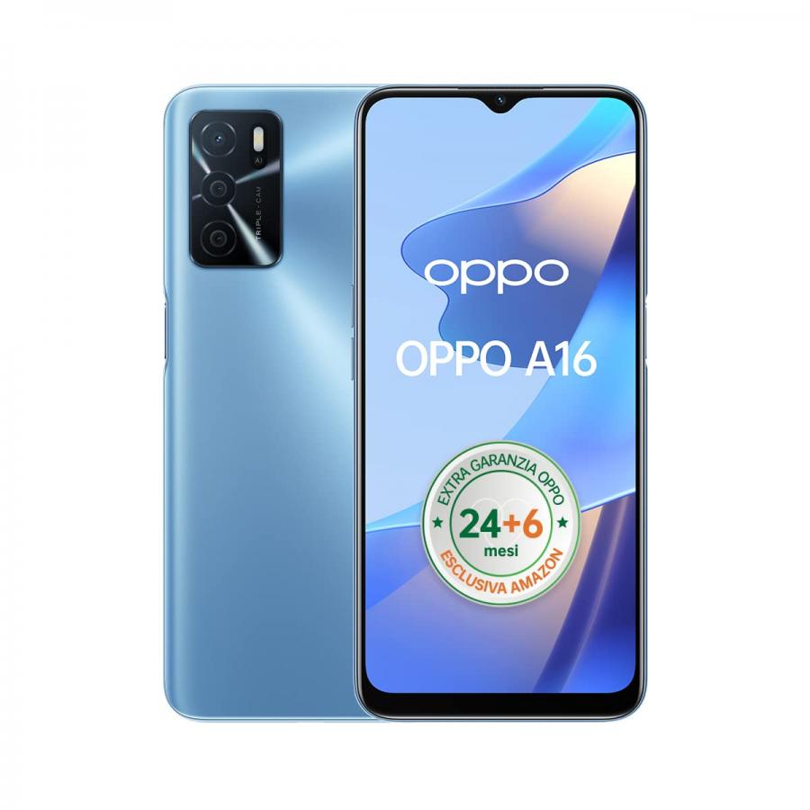 OPPO A16 Smartphone, NFC, AI Triple Camera 13+2+2 MP, 6.52” 60HZ Display, 5000mAh, SuperVOOC + Power Saving, RAM 3GB + ROM 32GB espandibile, ColorOS11.1, IPX4, [Versione Italiana], Pearl Blue