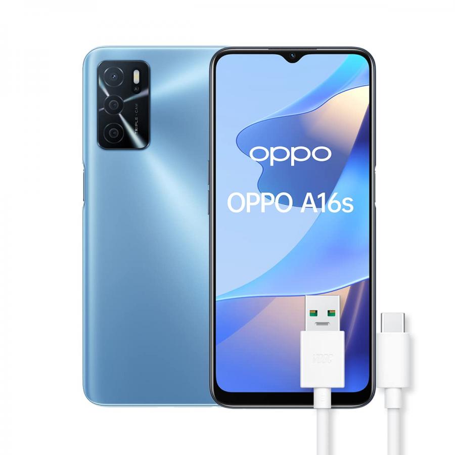 OPPO A16s Smartphone, NFC, AI Triple Camera 13+2+2 MP, 6.52” 60HZ Display, 5000mAh, SuperVOOC + Power Saving, RAM 4GB + ROM 64GB espandibile, ColorOS11.1, IPX4, [Versione Italiana], Pearl Blue