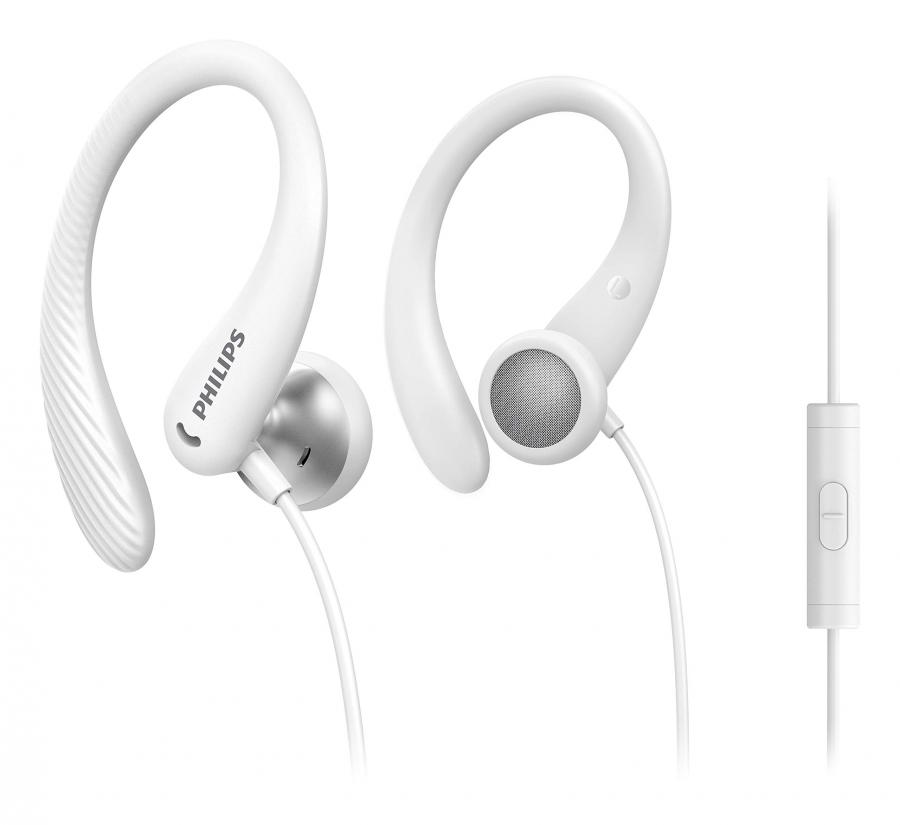 Philips Cuffie Sport In Ear A1105WT/00 con Microfono (Supporti L'orecchio Flessibili, Apertura Bass-Beat, Resistenza agli Schizzi IPX2, Comfort Sicuro, Telecomando Inline) Bianco - Modello 2020/2021