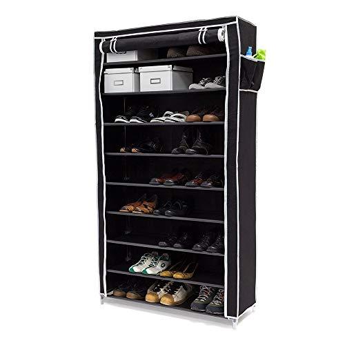 BAKAJI Scarpiera Armadio Salvaspazio 10 Ripiani 90x30x160cm Fino a 45 Paia di Scarpe Struttura Acciaio e Rivestimento in Tessuto TNT Impermeabile con Chiusura Zip Antipolvere (Nero)