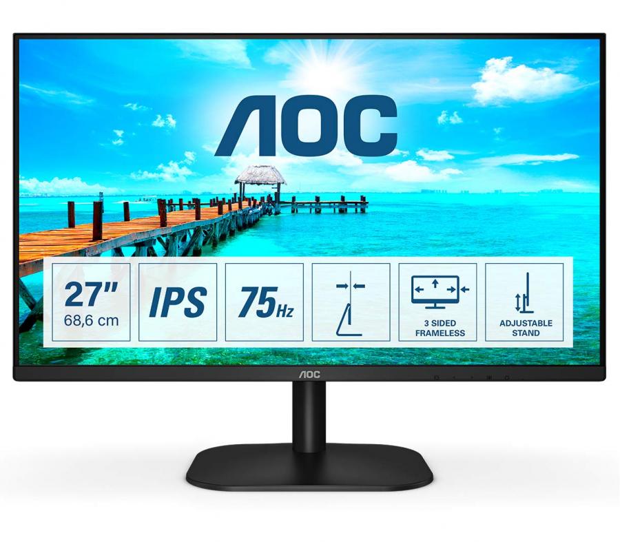 AOC 27B2DA - Monitor FHD da 27 pollici, AdaptiveSync (1920 x 1080, 75 Hz, VGA, DVI, HDMI), nero
