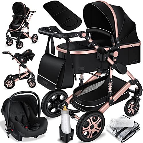 KESSER® Carrozzina Loops 3 in 1 Passeggino combinato Kit completo incl. Navicella per neonato e Seggiolino sportivo per passeggino, Ovetto per auto - ruote in gomma piena, nero/Rosé oro