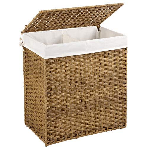 SONGMICS Cesto Porta BiancheriaIntrecciata a Mano, 110L Cesta in Rattan Sintetico Pieghevole con Coperchio e Maniciper Vestiti Differenziati, Sacco Interno Rimovibile, Colore Naturale LCB52NL