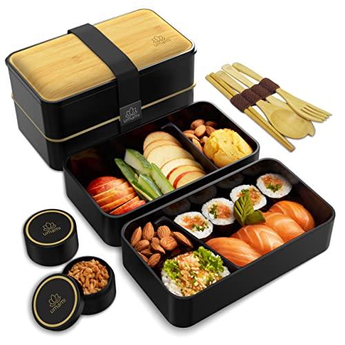 UMAMI Premium Bento Lunch Box per Adulti/Bambini con Vaschetta Condimento & 4 Posate, Porta Pranzo Ermetico a 2 Scomparti - Pasti A Ufficio /A Lavoro - Zero Waste - Microonde e Lavastoviglie - No BPA