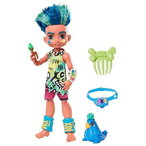Cave Club Bambola Preistorica Slate da 25.4 cm, Capelli Blu, con Dinosauro e Accessori, Giocattolo per Bambini 4+Anni, GNL87