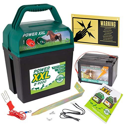 Power XXL Elettrificatore B 9.000, Efficace da 9 V/12 V, Set inclusivo di Cartello di Pericolo Internazionale e Batteria da 9 V, per Cavalli, Pony, Bovini