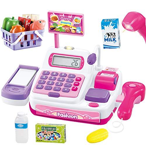 BUYGER 34 Pezzi Registratore di Cassa Elettronico Supermercato Giocattolo, Giochi Luci e Suoni Bambina 3 Anni, con Scanner Microfono Bambini (Rosa)