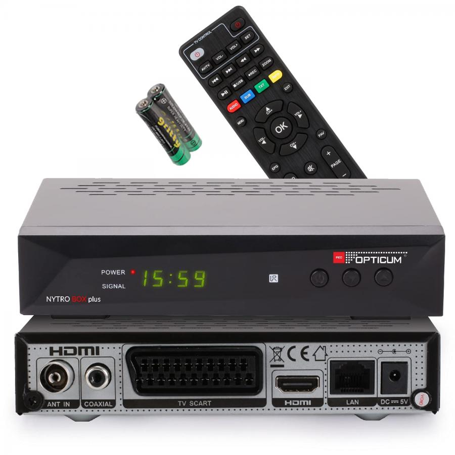 RED OPTICUM Nytro Box Plus Ricevitore ibrido HD-TV I Ricevitore DVB-C e DVB-T2 con Funzione di registrazione PVR - HDMI - USB - SCART - Audio coassiale - Ethernet - Display LED, nero