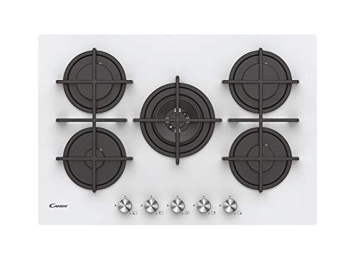 Candy CVG74WPW Piano A gas in Vetro, 5 fuochi, Colore Bianco