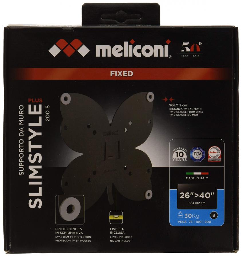 Meliconi Slimstyle Plus 200 S, Supporto Fisso Ultra Sottile Da Parete Per Tv A Schermo Piatto Da 26’’ A 40’’, Con Gommini Protettivi, Vesa 100X100, 200X200, 1, Nero