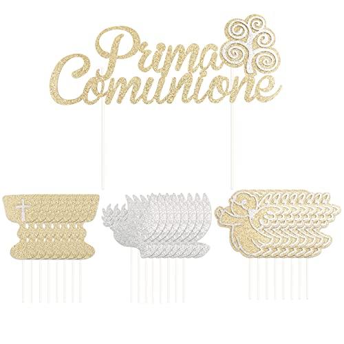 25pz Topper Prima Comunione Cake Topper Oro Glitter Albero della Vita Angelo Piccione Santo Graal Addobbi Comunione per Bambini Decorazione Festa Torta Cupcake Partito