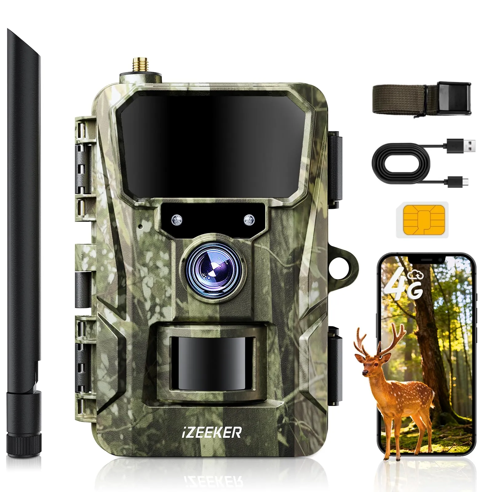 iZEEKER 2 in 1 Fototrappola Cloud 4G & Standard, 2K HD 36MP Fototrappola con Sim Visione Notturna Motion Attivato Senza Wi-Fi Controllo App Time Lapse Registrazione in loop Impermeabile IP66 per Fauna