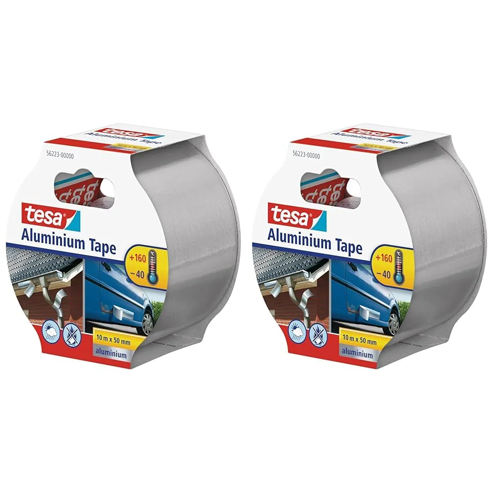 Tesa Nastro in Alluminio per Riparazioni - Nastro adesivo multiuso - Per uso interno ed esterno - Extra adesivo e resistente - Colore: Argento - 10 m x 50 mm (Confezione da 2)