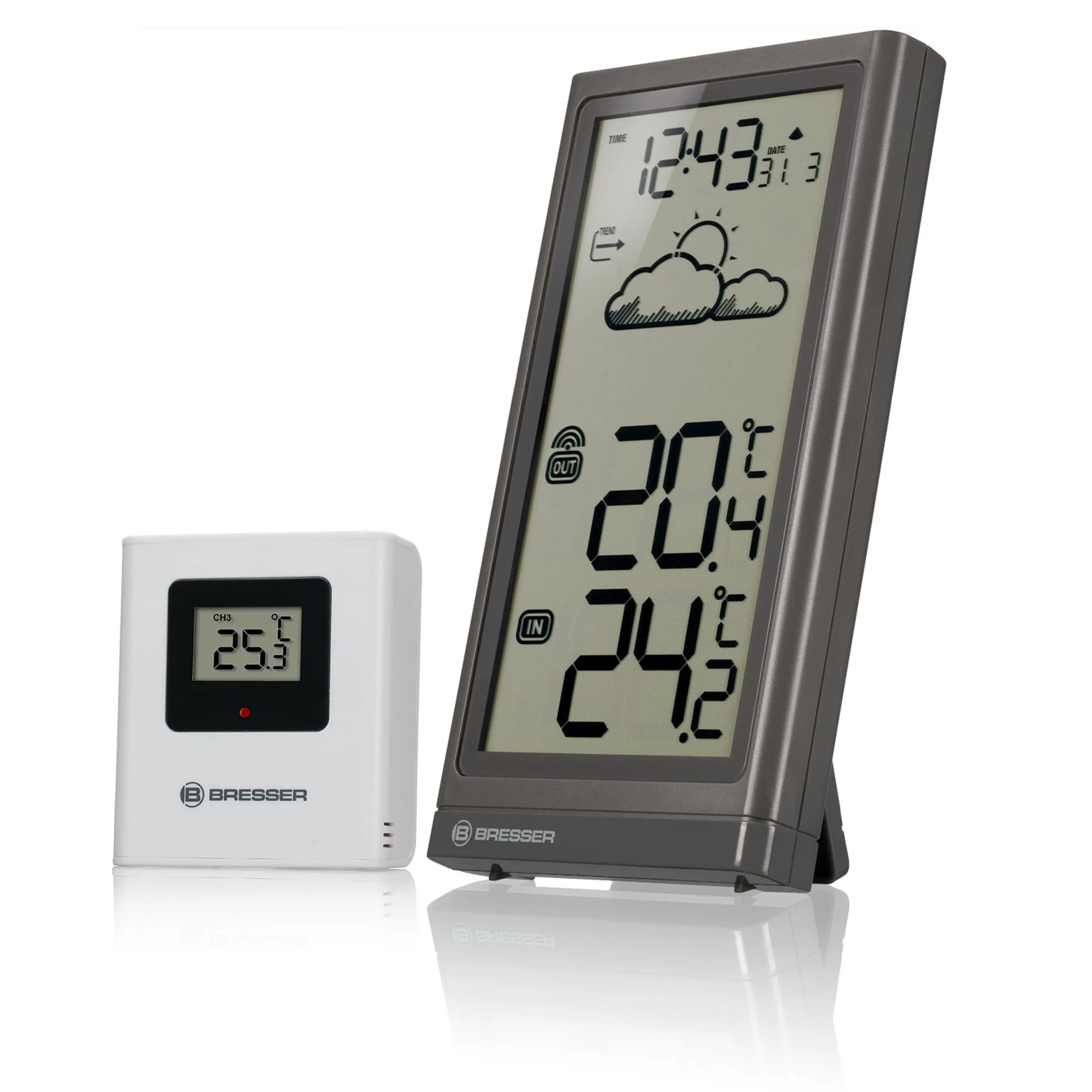 Bresser Stazione meteo radio con sensore esterno Meteo Temp, termometro con indicatore di temperatura per interni ed esterni, previsioni meteo, con base pieghevole e supporto da parete, grigio
