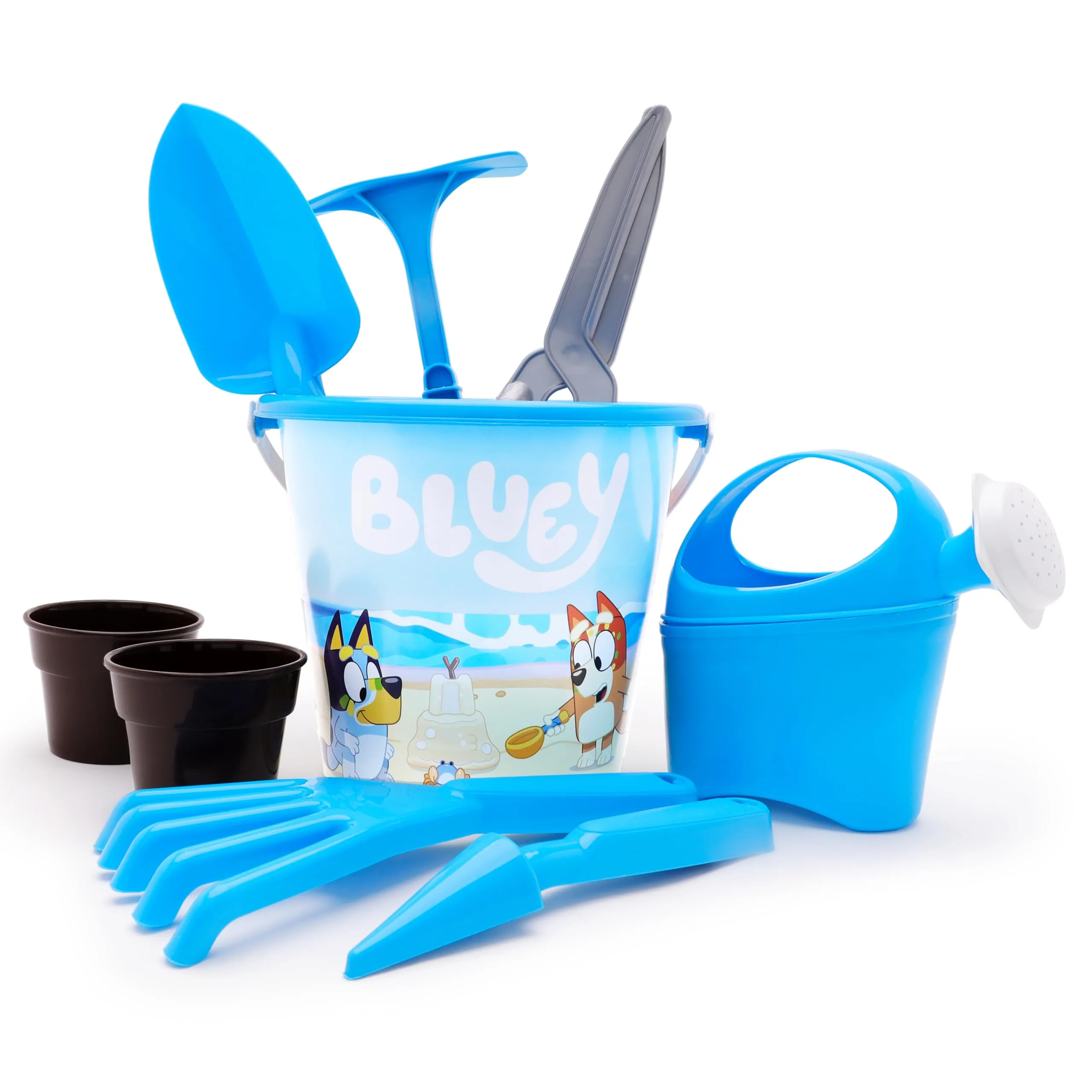 Toyland® 9 pezzi Set da giardino Bluey - secchio, annaffiatoio, 2 vasi e 6 attrezzi da giardino inclusi, giocattolo da giardino per esterni