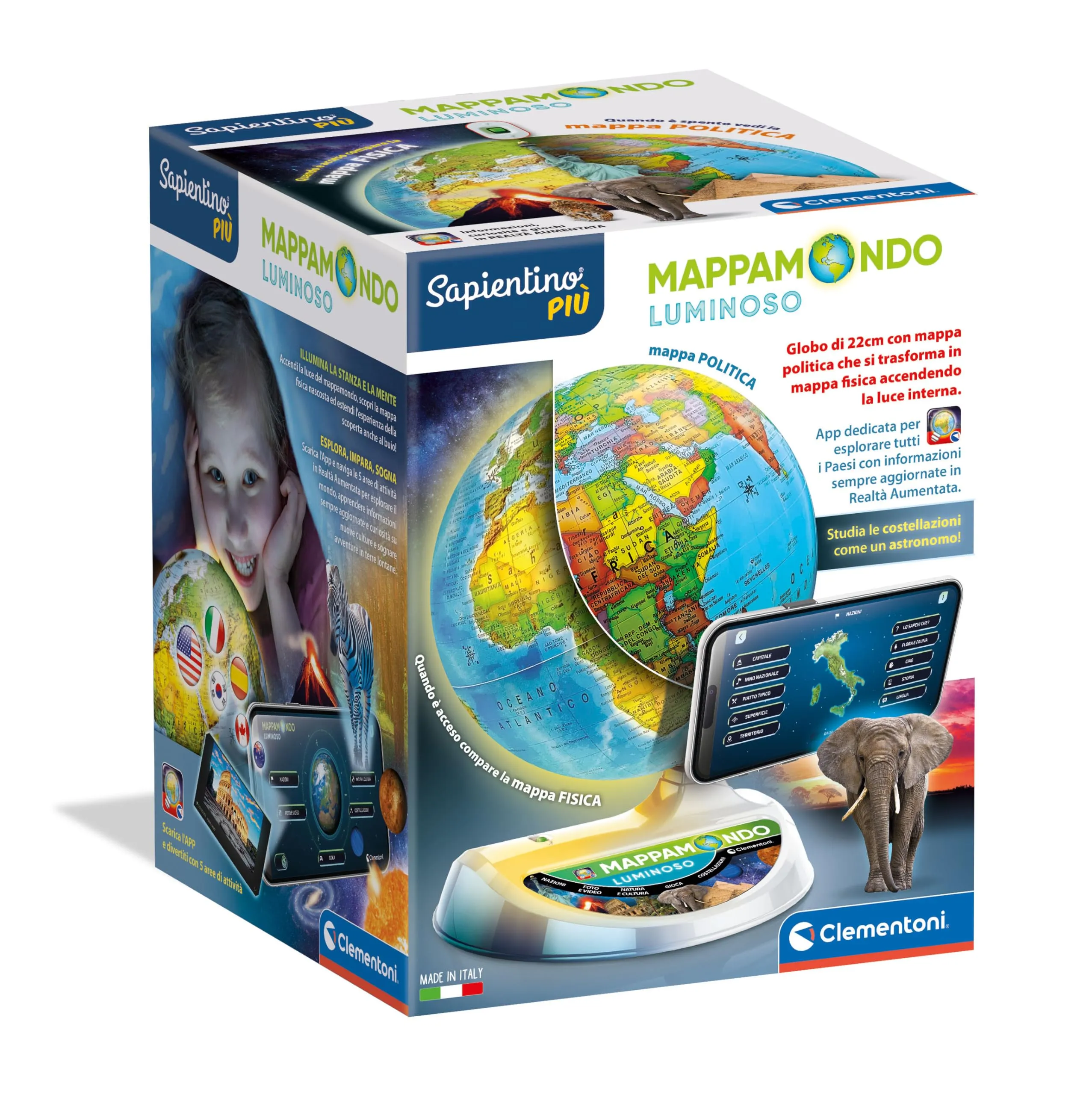 Clementoni Sapientino Esploramondo Luminoso - Globo Interattivo Parlante, Mappamondo Bambini, Gioco Educativo 7 Anni, Elettronico, Penna Bluetooth, App Realtà Virtuale, Italiano, Made in Italy, 16468