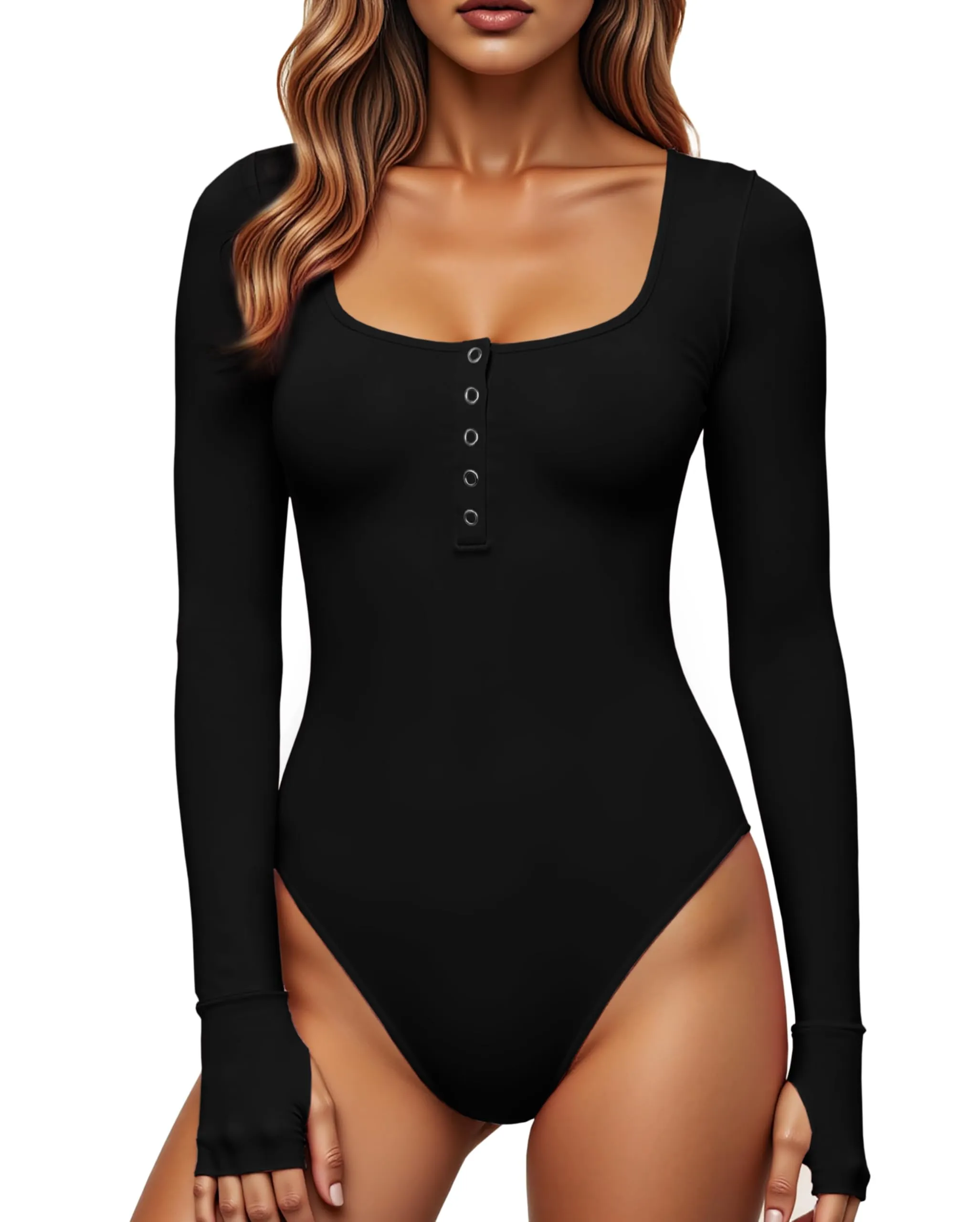 GJY Body da donna, chiusura a bottone, scollo rotondo, maniche lunghe, casual, taglio sottile, camicette, Nero , M