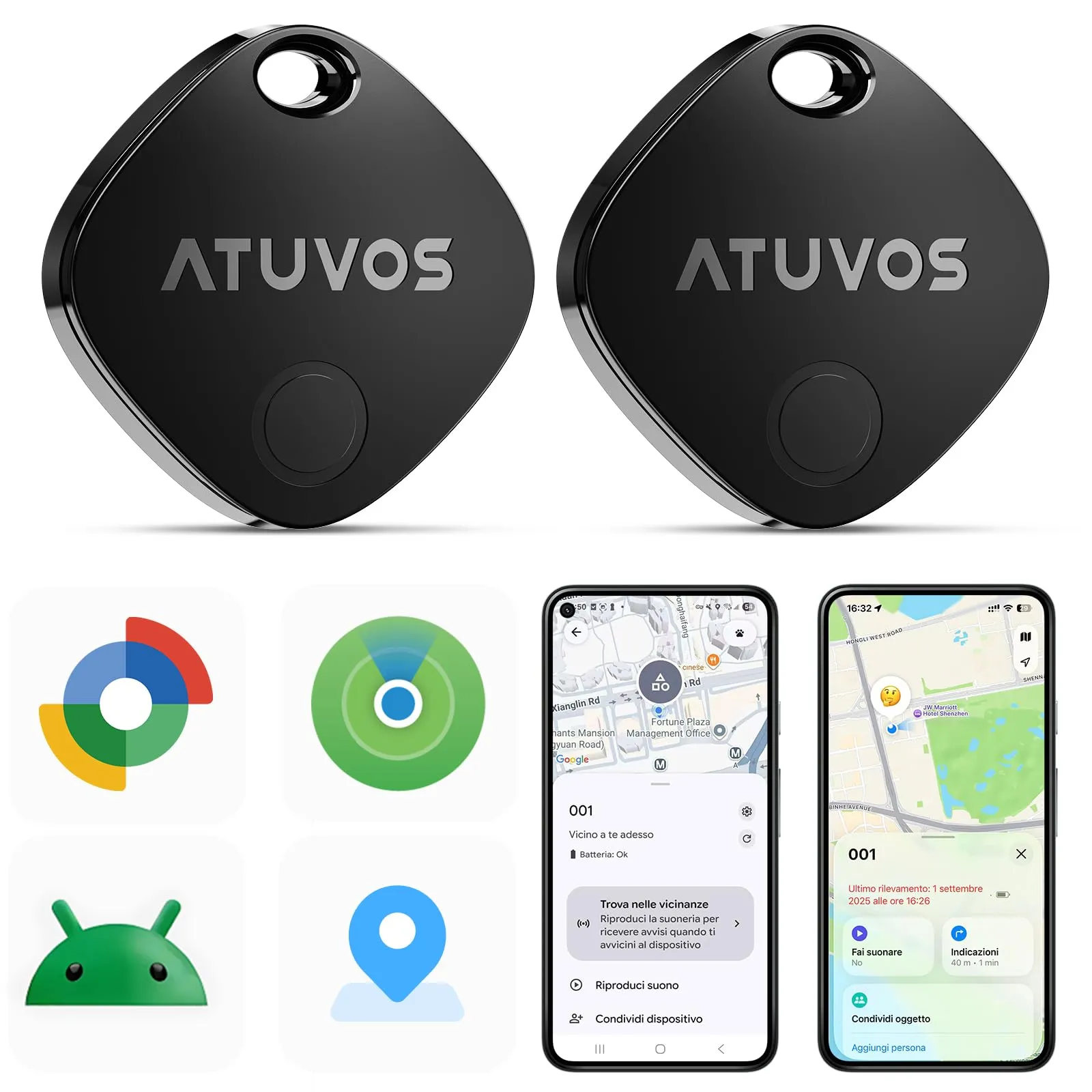 ATUVOS Dual System Air Tag Pro Tracker 2 pezzi Nero, Localizzatore Bluetooth Funziona con Android Google Funzioni Trova o iOS Apple Dov'è APP (Huawei non Supportato), per Bagagli, Borsa, Portafoglio.