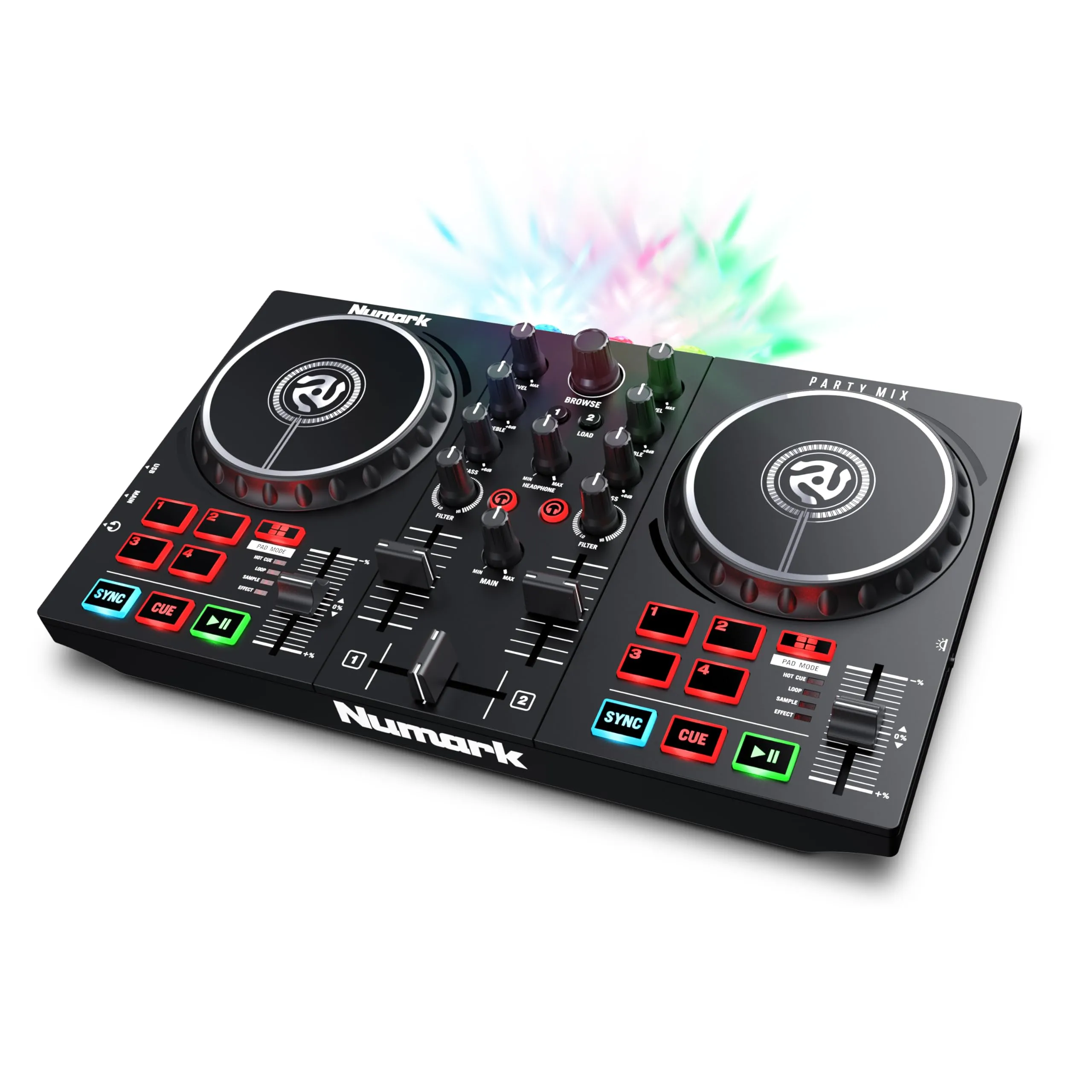 Numark Party Mix II - Console DJ a 2 Canali per Serato DJ Lite, con Scheda Audio Integrata, Presa Cuffie, Controlli Pad, Crossfader, Jog Wheel e Luci da Discoteca