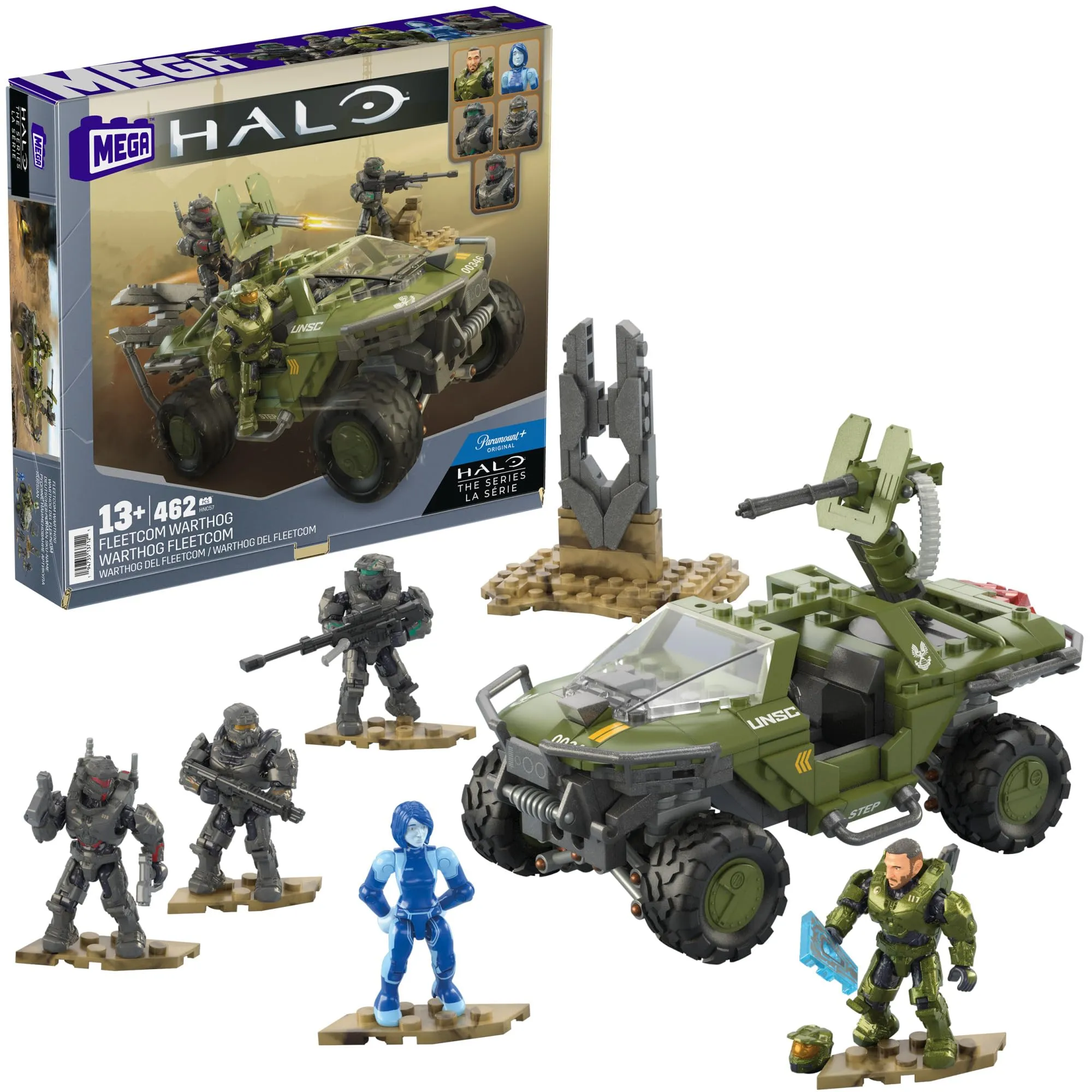 MEGA Halo - Warthog Fleetcom, set da costruire con 462 pezzi, veicolo fuoristrada con 5 mini action figures incluse, set da collezionare ed esporre, giocattolo per bambini, 13+ anni, HNC57