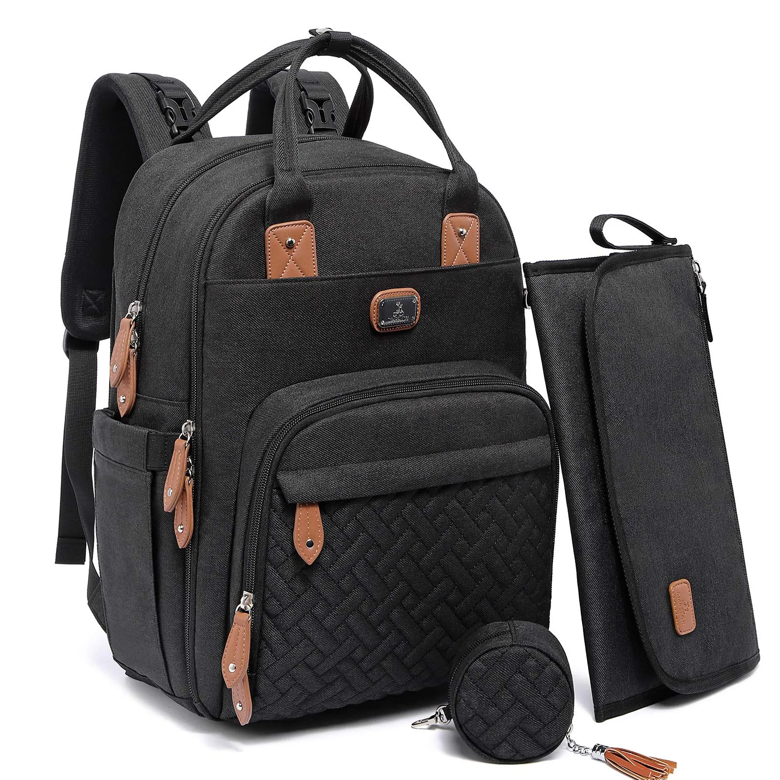 Borsa Zaini fasciatoio, Dikaslon Zainetto fasciatoio grande multifunzione Borsa bebè con fasciatoio portatile, porta ciuccio e cinturini per passeggino, per mamma e papà (nero)