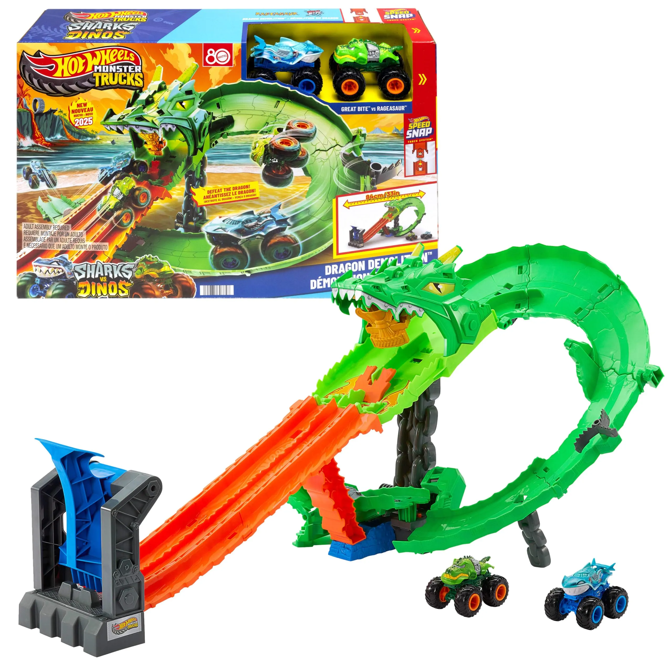 Hot Wheels Monster Trucks - Sharks vs. Dinos Dragon Destruction, set con veicoli Great Bite e Rageasaur inclusi, sconfiggi il nemico cyborg, giocattolo per bambini, 4+ anni, JGB06