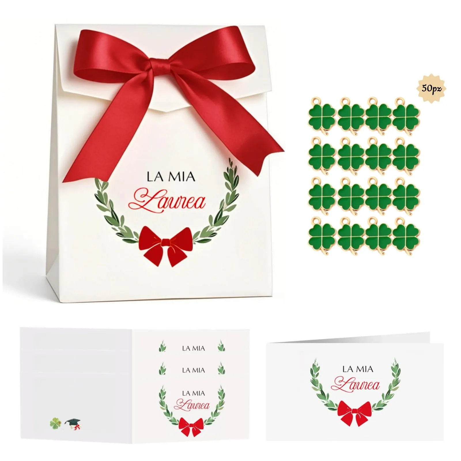 50pz Scatoline Portaconfetti Laurea Bomboniere+50 pz Bigliettini Bomboniere laurea+50 pz Ciondoli Quadrifoglio, Scatole Confetti Laurea Regalo con Nastro, Decorazione Festa Congratulazioni