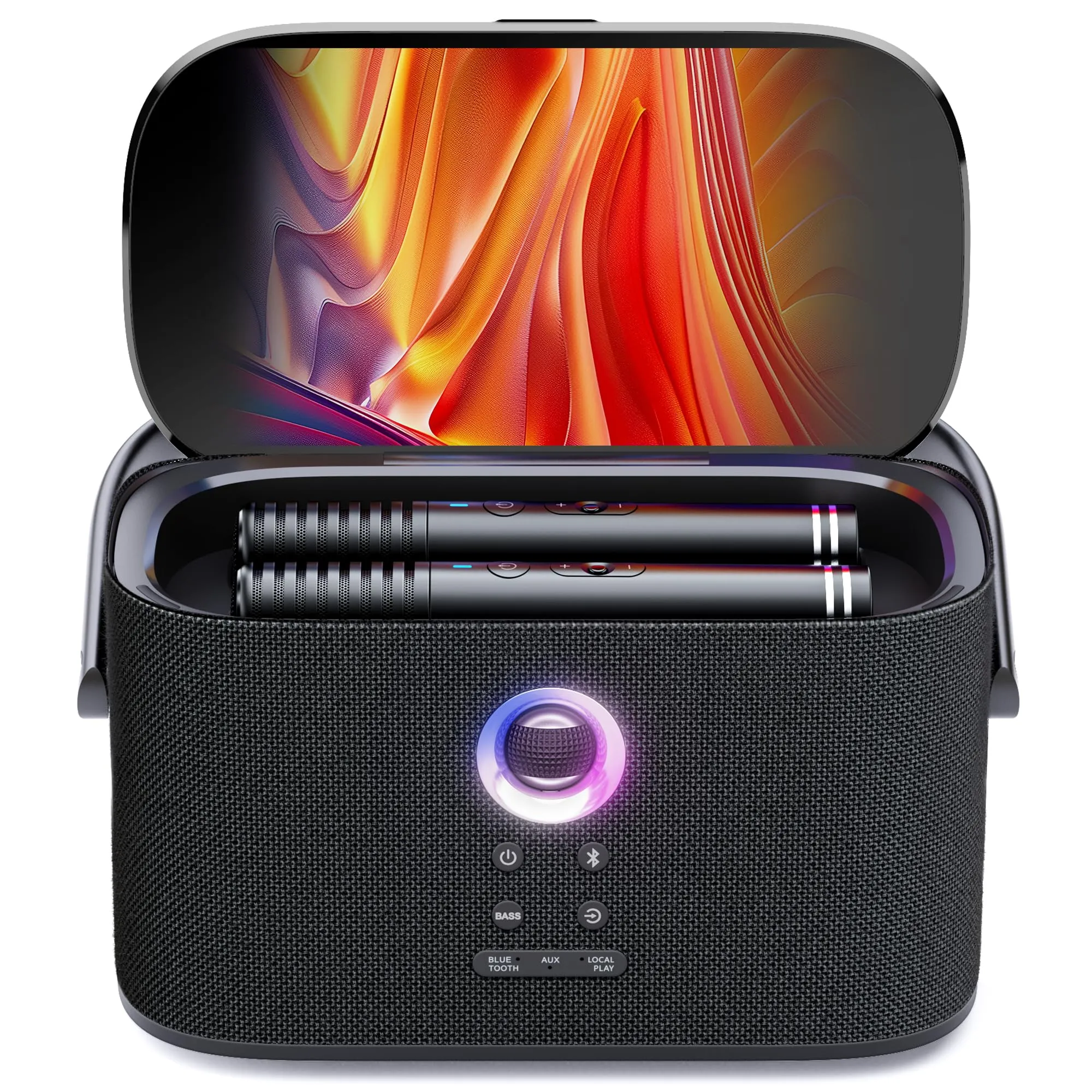 Macchina del Karaoke per Adulti, Schermo Integrato con Visualizzazione Testi, 2 Microfoni Wireless con Ricarica Automatica, App Karaoke, Casse da 140W, Connessione TV per Feste in Casa e all'Aperto