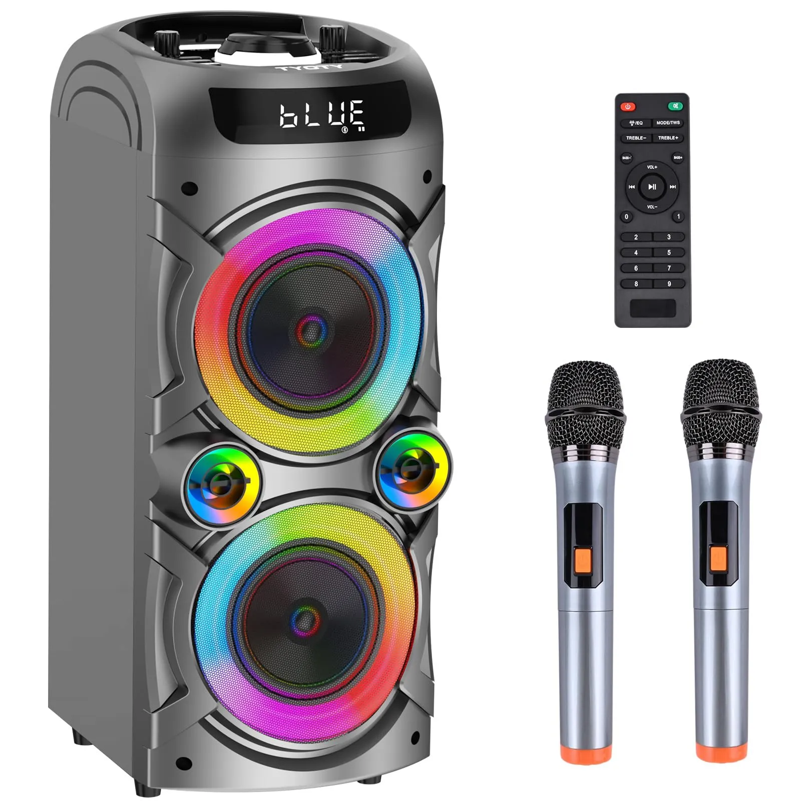 Macchina per karaoke con 2 microfoni wireless, sistema PA portatile Grande altoparlante Bluetooth con luci LED, supporto telecomando regolazione bassi/acuti, scheda TF/USB