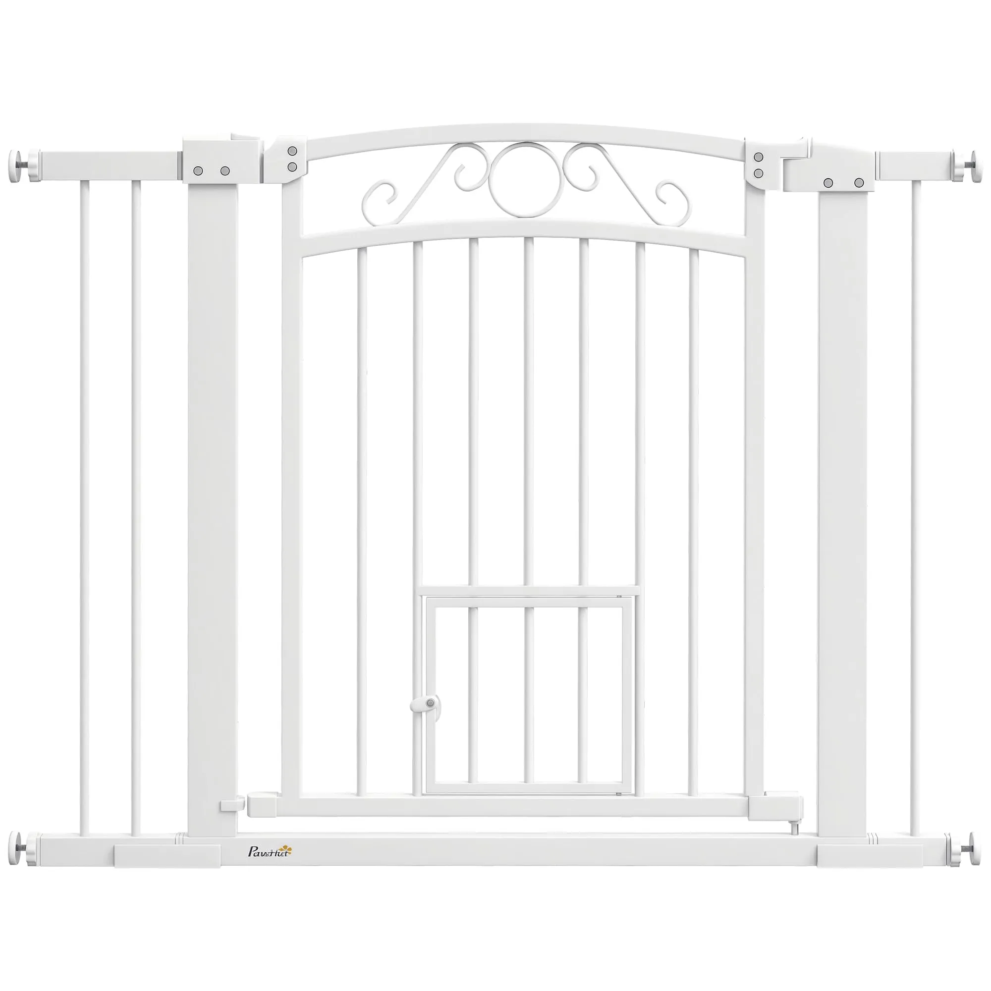 PawHut Cancelletto di Sicurezza per Cani da Interno, Cancelletto per Cani con 2 Estensioni 76-104 cm e Porta per Gatti, Cancello per Cani Animali Domestici Alto 77 cm, per Corridoio e Scale, Bianco