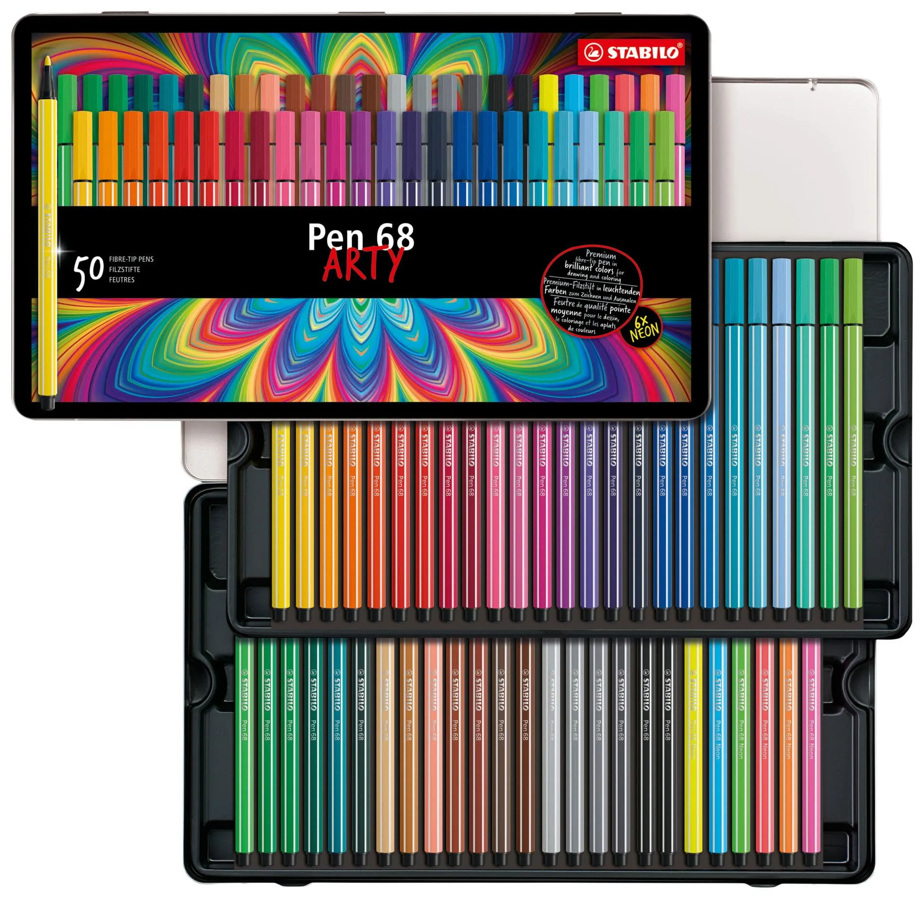 STABILO Pen 68 - Pennarello Premium - ARTY - Scatola in Metallo da 50 - Colori Assortiti